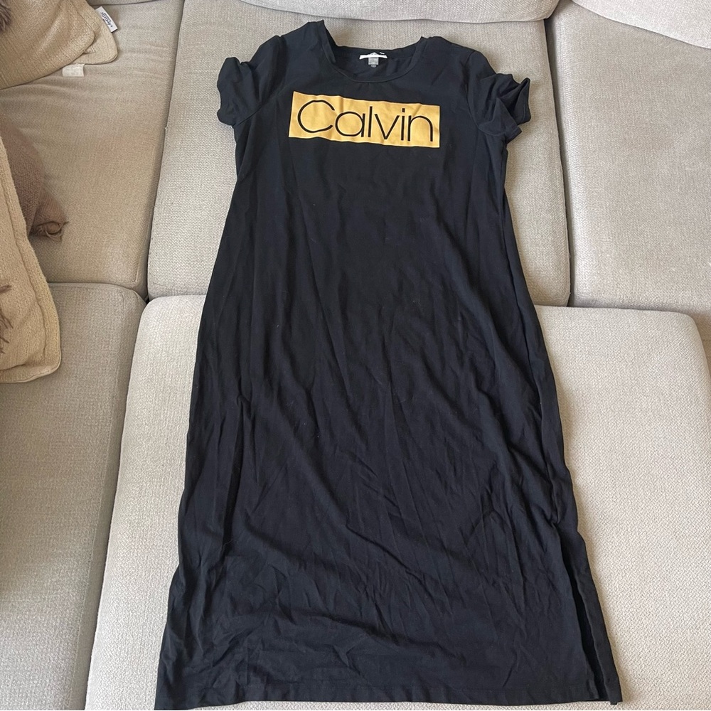 Calvin Klein Black T shirt Dress with Gold Logo